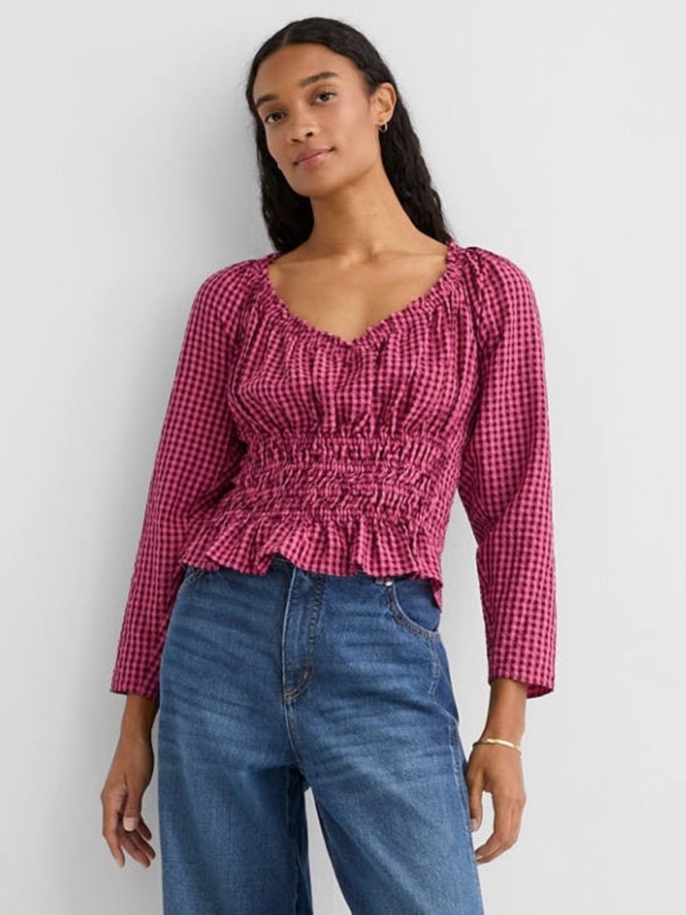 LOFT Gingham Checked Ruffle V-Neck Long-Sleeve Smocked Waist Top | Size M